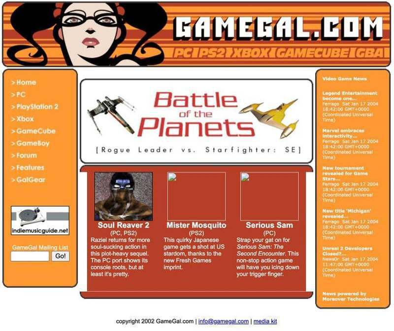 The GameGal.com front page in March 2002, with the orange masthead and a left-hand navigation column.